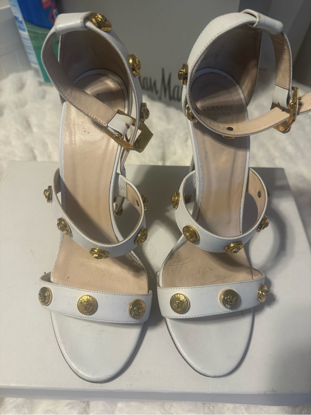 Versace White Leather Gold Medallion Strap Heels